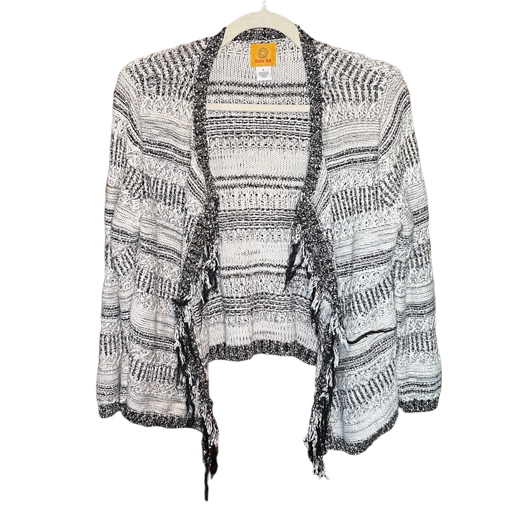 Ruby Rd. Open Front Fringe Monochrome Knit Cardigan Size Large